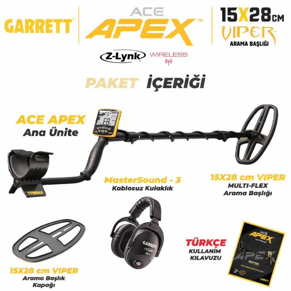 Garrett Ace Apex Dedektör Viper Başlıklı (15x28cm) MS-3 Z-LYNK Kablosuz Kulaklıklı