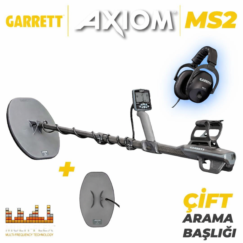 Garrett Axiom Remote Altın Dedektörü 34x28 cm Mono, 28x18 cm DD Başlıklı MS-2 Kablolu Kulaklık