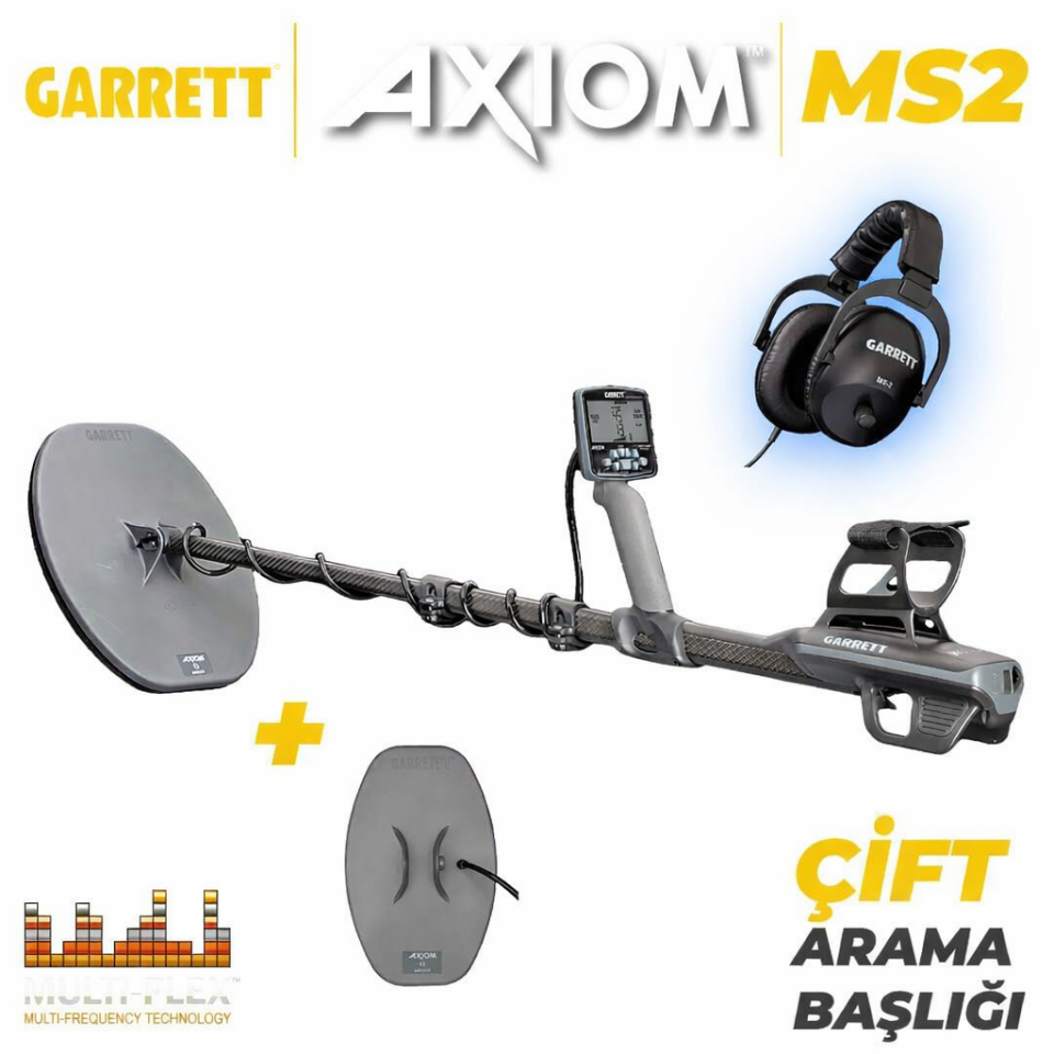 Garrett Axiom Remote Altın Dedektörü 34x28 cm Mono, 28x18 cm DD Başlıklı MS-2 Kablolu Kulaklık