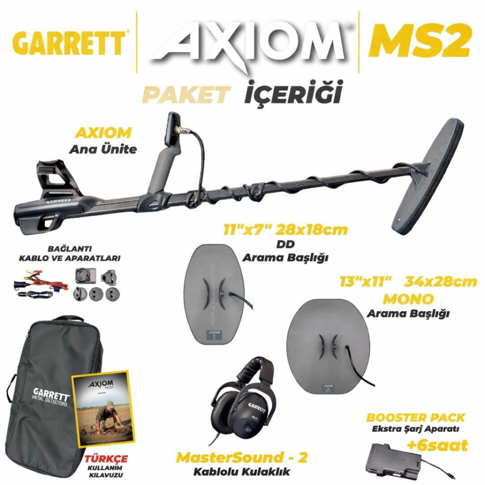 Garrett Axiom Remote Altın Dedektörü 34x28 cm Mono, 28x18 cm DD Başlıklı MS-2 Kablolu Kulaklık
