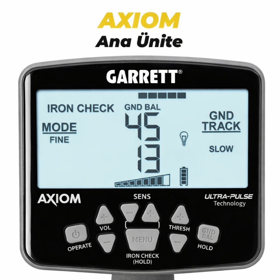 Garrett Axiom Remote Altın Dedektörü 34x28 cm Mono, 28x18 cm DD Başlıklı MS-2 Kablolu Kulaklık