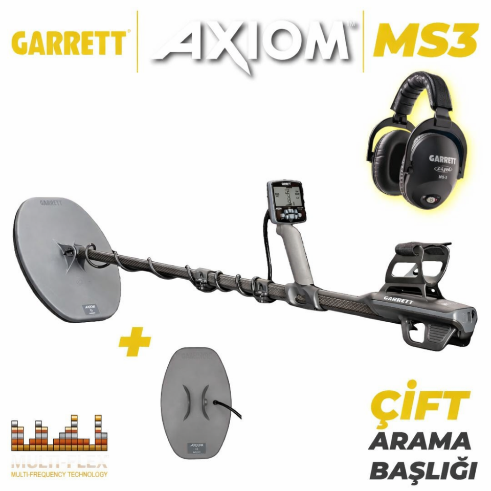 Garrett Axiom Standart Altın Dedektörü 34x28 cm DD, 28x18 cm MONO Başlıklı MS-3 Kablosuz Kulaklık
