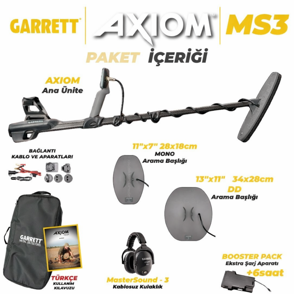 Garrett Axiom Standart Altın Dedektörü 34x28 cm DD, 28x18 cm MONO Başlıklı MS-3 Kablosuz Kulaklık