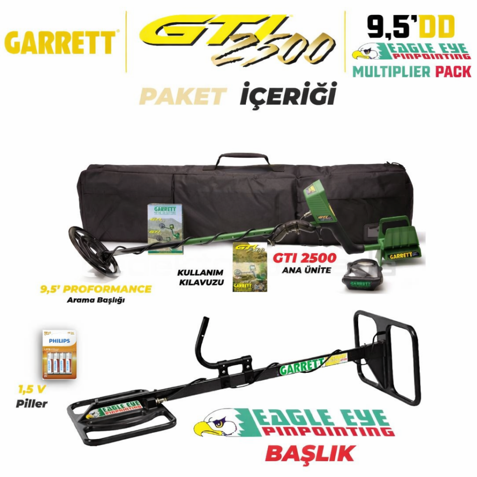 Garrett GTI 2500 Define Dedektörü Treasure Hound Eagle Eye Depth Multiplier Paket (9,5 inch ve EagleEye Başlık)